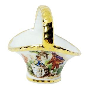 Vintage Limoges Miniature Basket Porcelain France Courting Couple White & Gold